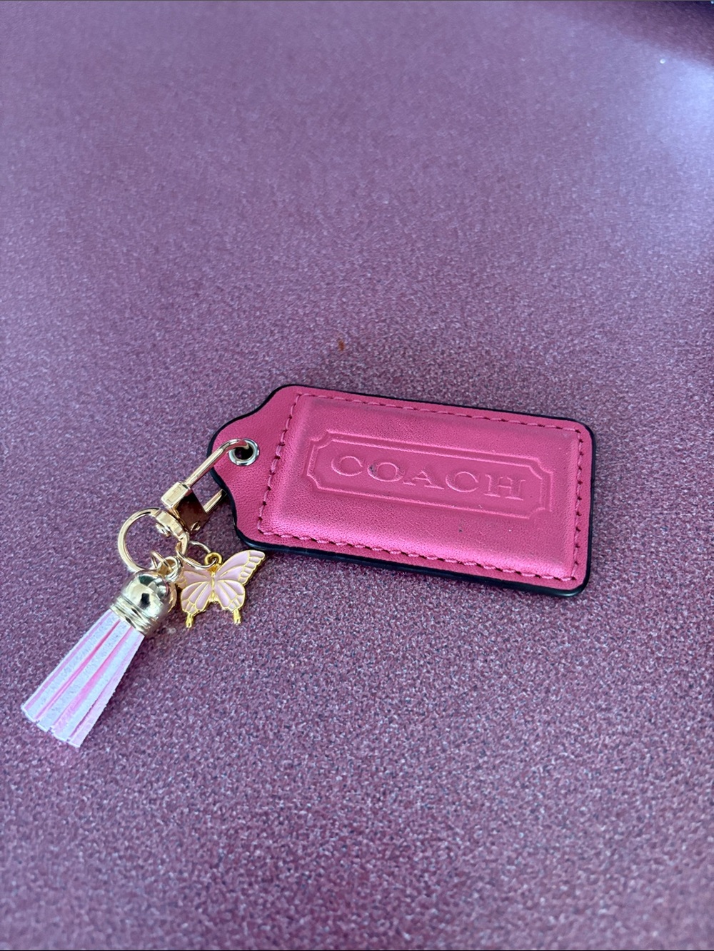 Coach Pink Leather Tag Key Ring with Tassel & Butterfly Charm